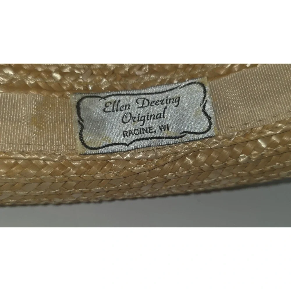 Ellen Deering Original Straw Boater Hat Womens 7-1/8 Tan Floral Ribbon